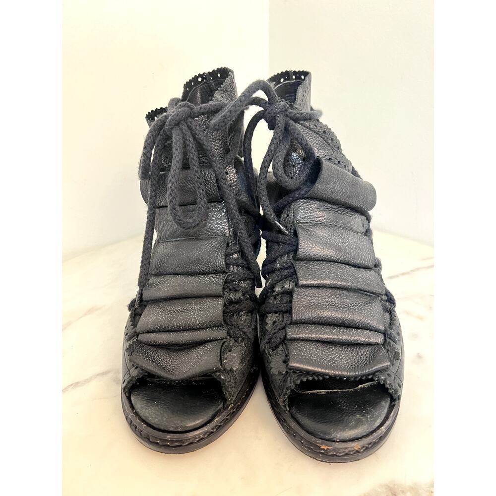 ARCHIVE 2014 Henrik Vibskov Blk Leather Lace-Up Open Toe Block Heel Sz 9 - Picture 2 of 9